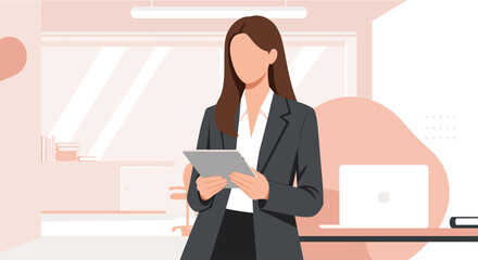 A professional businesswoman confidently uses a tablet in a modern office setting, showcasing productivity and modern work environments.