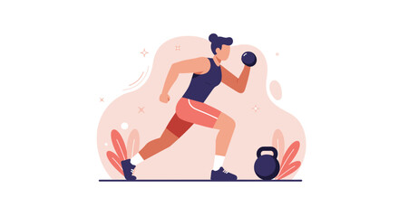 a woman in a sporty outfit, mid-stride, with a kettlebell in her hand, suggesting an active fitness routine. Suitable for landing page, banner, marketing, web design, presentation, infographic, etc.