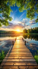 A wooden pier extends into a calm lake at sunset, with the sun setting behind lush green trees and a vibrant sky