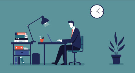 An illustration depicts a businessman working diligently at his desk, illuminated by a desk lamp, with books, a clock, and a potted plant adding to the office scene.