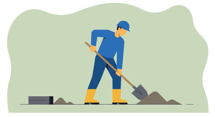 Obraz premium Illustration of a construction worker in a blue hard hat digging with a shovel, moving dirt in a flat design style, set against a light green background.
