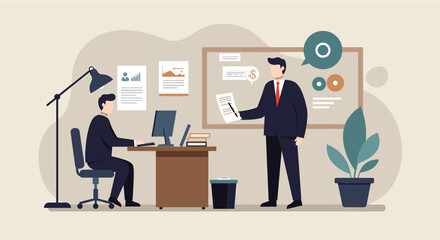 A businessman gives a presentation to his colleague in a modern office setting, showcasing important business documents and charts during a productive workday meeting.