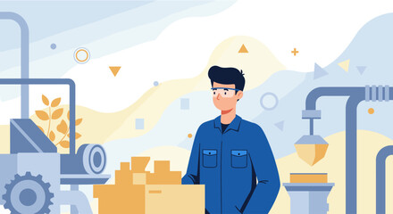 An illustrated factory worker wearing safety glasses and a blue uniform stands near machinery in a modern industrial environment, overseeing the production process.