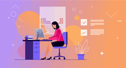 A stylized vector illustration depicts a woman working at her desk, showcasing a modern and minimalist design suitable for business and lifestyle themes with a clean aesthetic.