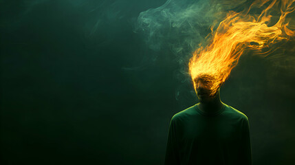 A surreal conceptual artwork of a man standing alone in a dimly lit space, his head replaced with a raging fire