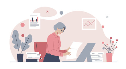 A senior businesswoman is reviewing documents at her desk, surrounded by paperwork, charts, and plants, showcasing a busy but organized work environment.