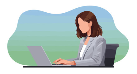 a woman sitting at a desk, focused on working on a laptop computer. Suitable for landing page, banner, marketing, web design, presentation, infographic, etc.