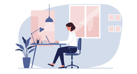 A woman is focused on her laptop while working at a modern desk in a bright, minimalist home office with a large window and indoor plant.