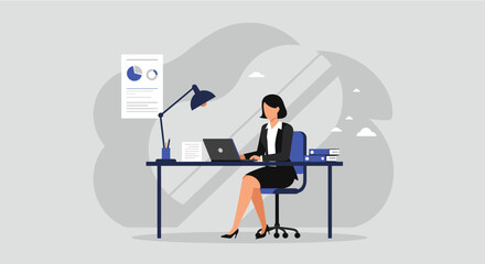 A businesswoman is working at her desk, using a laptop, with documents and a lamp, in a modern office setting, illustrating business and work.