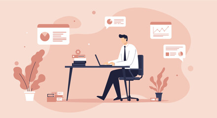 a man seated at a desk, engrossed in work on a laptop, surrounded by office supplies and plants. Suitable for landing page, banner, marketing, web design, presentation, infographic, etc.