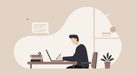 A man is seated at a desk, working on a laptop with a stack of books beside him. Suitable for landing page, banner, marketing, web design, presentation, infographic, etc.