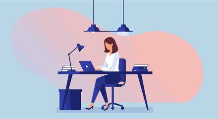 A focused woman works diligently on her laptop at a modern desk, embodying remote work or online education in a flat illustration style.