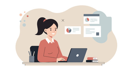 a woman seated at a desk, focused on her laptop, with a stack of books and a cup of pens beside her. Suitable for landing page, banner, marketing, web design, presentation, infographic, etc.