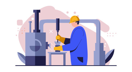 A male industrial worker in a blue uniform operates a machine, skillfully using tools in a factory setting, showcasing precision and expertise in a detailed illustration.