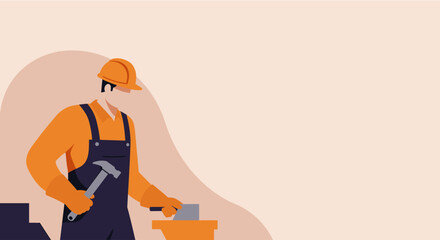 An animated illustration depicts a construction worker in an orange uniform and hard hat, using a hammer to strike a metal object on a neutral, peach-colored background.