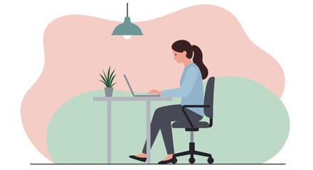 A young woman is working on her laptop from home, sitting at her desk in a comfortable chair, in a modern, minimalist setting with muted colors and soft lighting.