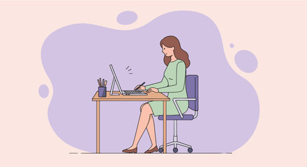 A woman is seated at a desk, working on a computer with a keyboard and mouse, surrounded by office supplies. Suitable for landing page, banner, marketing, web design, presentation, infographic, etc.