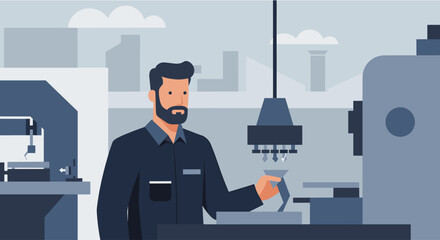 Skilled male factory worker operating advanced machinery in a modern industrial production facility, focusing on precision manufacturing.
