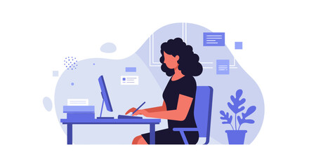 a woman sitting at a desk, working on a computer with a potted plant and scattered papers in the background. Suitable for landing page, banner, marketing, web design, presentation, infographic, etc.