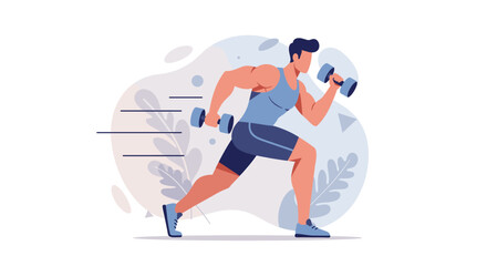 A stylized illustration depicts a fit man energetically training with dumbbells, symbolizing dedication to health and physical strength.