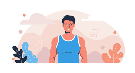 a smiling man in a blue tank top. Suitable for landing page, banner, marketing, web design, presentation, infographic, etc.
