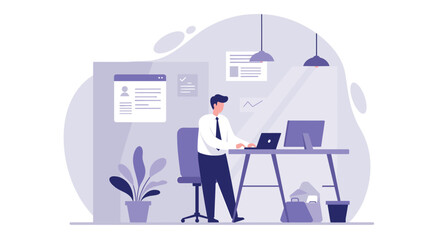 A businessman stands at his modern office desk, working on his laptop, surrounded by documents and plants in a minimalist, stylish workspace.