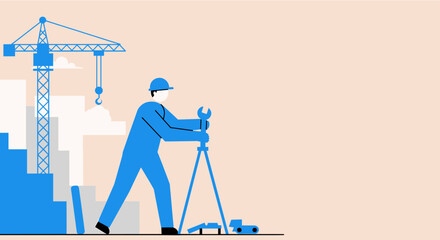 A construction worker in a blue uniform uses surveying equipment on a building site with a crane and abstract building silhouettes, representing development.