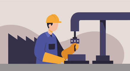 a worker in a blue uniform and yellow hard hat operating a machine with a large pipe. Suitable for landing page, banner, marketing, web design, presentation, infographic, etc.