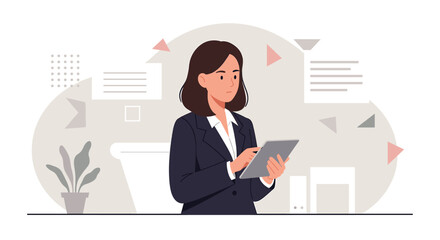 a woman in a business suit, focused on a tablet, with a potted plant and geometric shapes in the background. Suitable for landing page, banner, marketing, web design, presentation, infographic, etc.