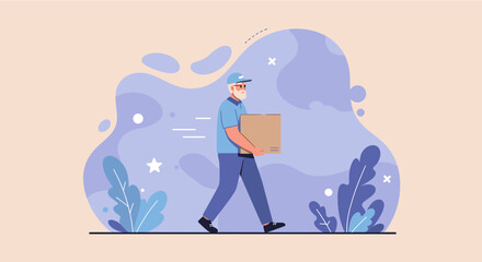 A senior delivery man in a blue uniform walks with a cardboard box, set against an abstract background with floral elements, showcasing modern logistics.