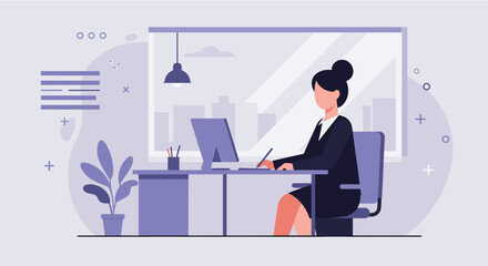A professional businesswoman works diligently at her desk in a modern office, illuminated by natural light from a large window.