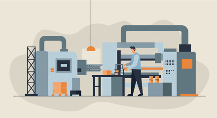 a man operating a machine in a factory setting, surrounded by various industrial equipment and machinery. Suitable for landing page, banner, marketing, web design, presentation, infographic, etc.