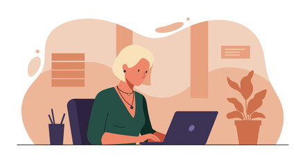 a woman seated at a desk, engrossed in work on a laptop, with a potted plant and office supplies nearby. Suitable for landing page, banner, marketing, web design, presentation, infographic, etc.