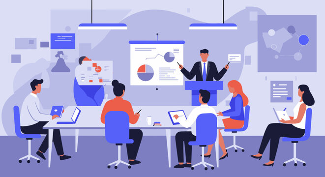 Modern business presentation with diverse team in a flat design style, showcasing data and strategy on a large screen.