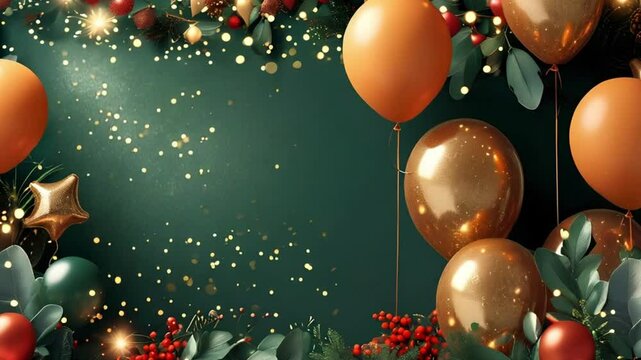 Festive gold and red Christmas ballons with sparkling snowflakes adorn a winter tree, celebrating the New Year season