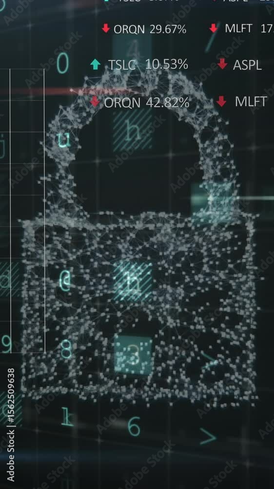 Poster animation of padlock icon and data processing over warning text