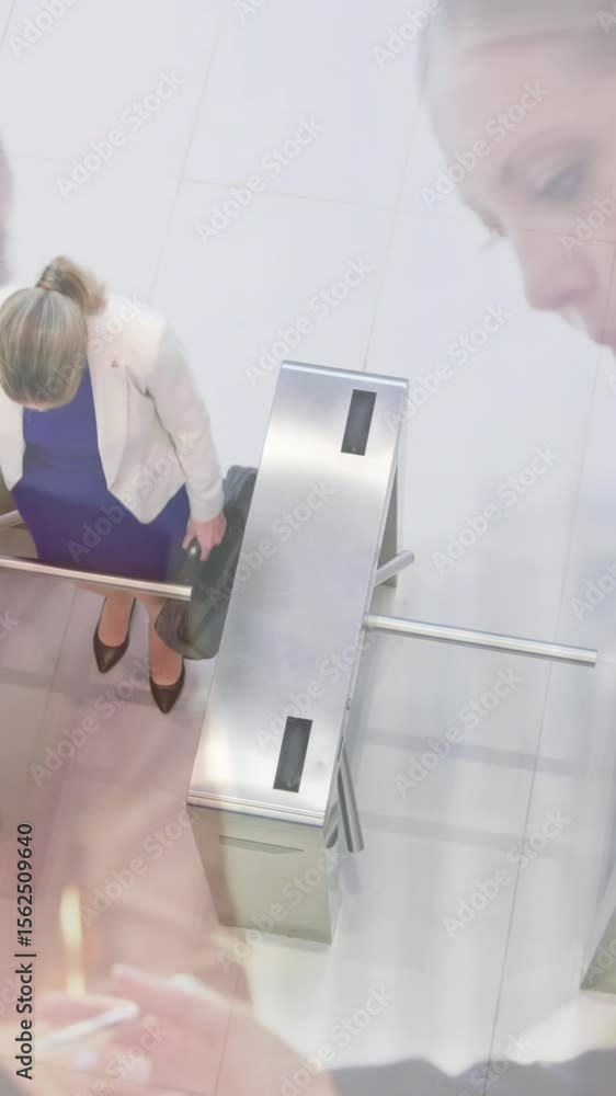 Poster animation of diverse colleagues using laptops in office over commuters walking through turnstiles