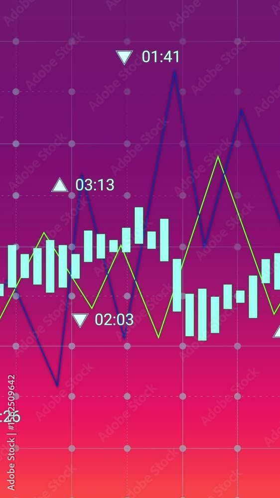 Poster animation of data processing over grid network against purple gradient background