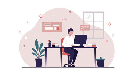 a man seated at a desk, engrossed in work on a computer, surrounded by a plant and a window. Suitable for landing page, banner, marketing, web design, presentation, infographic, etc.