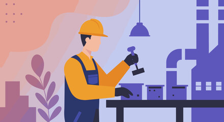 A male factory worker in a hard hat and overalls inspects a component in a modern industrial setting, depicted in a flat design illustration style.