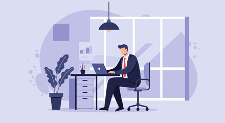 A professional businessman in a modern flat design illustration is diligently working on his laptop at an office desk.