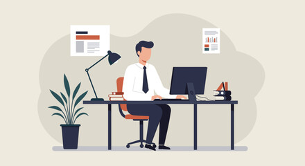 A flat design illustration depicts a businessman working diligently at his desk, utilizing a computer for marketing and web design tasks within a modern office setting.