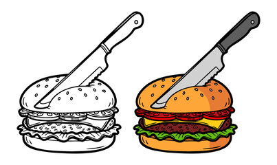 knife cutting a cheeseburger, burger colored and line art illustration