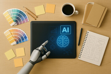 Flat Lay of Designer's Creative Workspace with Tablet and Sketchbook