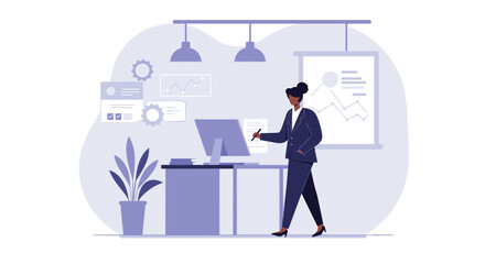 A confident businesswoman navigates data on her computer, showcasing a modern flat design illustration perfect for a business presentation or marketing banner.