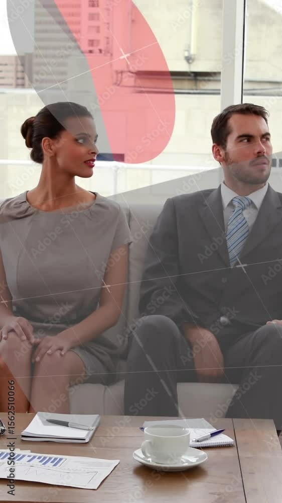Poster animation of statistical data processing over diverse businesspeople discussing together at office