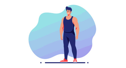 Fototapeta premium a man standing upright with a focused expression, wearing a sleeveless top and blue pants, and red shoes. Suitable for landing page, banner, marketing, web design, presentation, infographic, etc.