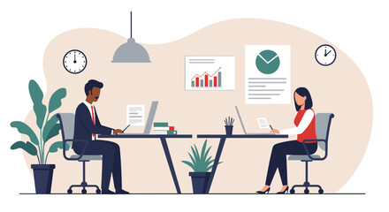Two individuals are depicted working at desks in an office setting, surrounded by office equipment and decor. Suitable for landing page, banner, marketing, web design, presentation, infographic, etc.