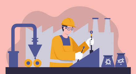 An industrial flat design illustration showcasing a factory worker in a yellow uniform operating machinery in a manufacturing environment, with pipes and smokestacks in the background.