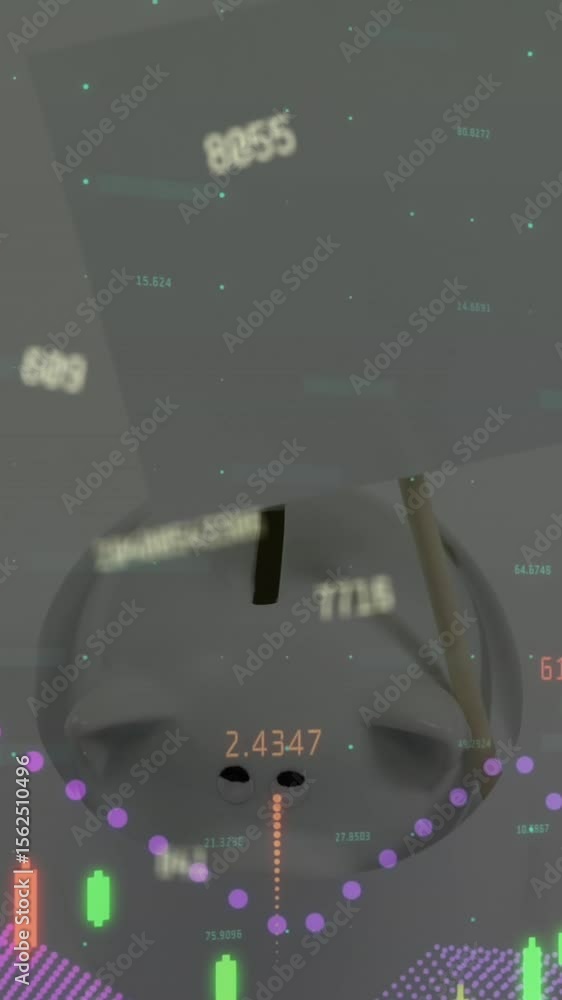 Poster Animation of changing numbers and financial data processingagainst piggy pank and blank placard